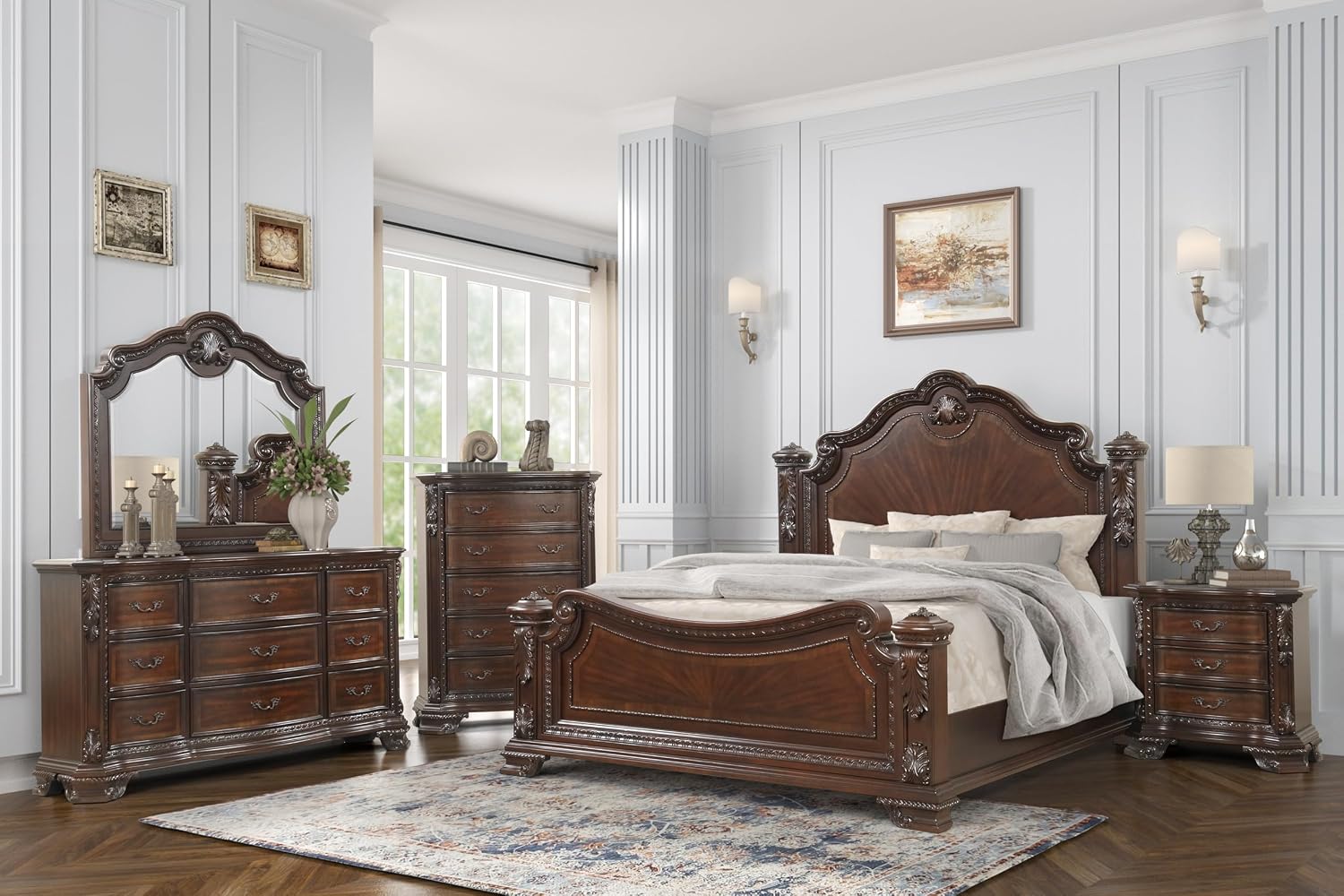 Traditional Style 5 Pc King Bedroom Set with Intricate Wood Carvings Made with Wood in Walnut