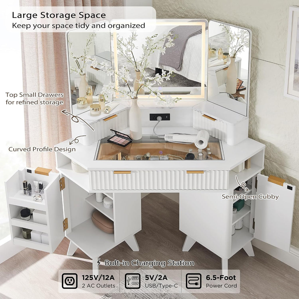 T4TREAM Fluted Makeup Vanity Desk with 3 Way Mirror and Lights, 48' Large Corner Vanity Table with Glass Top, Charging Station, 3 Drawers, Storage Cabinets & Shelves, for Bedroom, Solid White