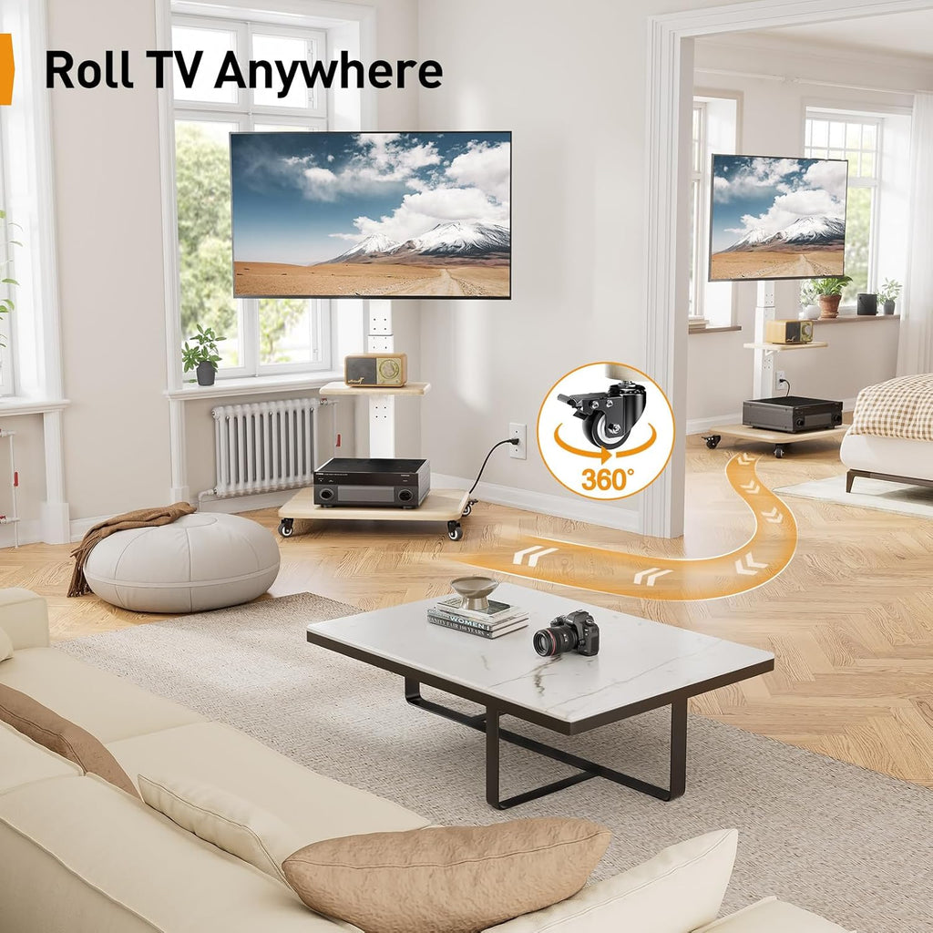 Perlegear Mobile TV Stand with Power Outlet, Tilt & Swivel Rolling TV Cart for 32-75 inches TVs up to 110 lbs, Height Adjustable Rolling TV Stand White with Wheels, Max VESA 600x400mm, PGTVMC17W