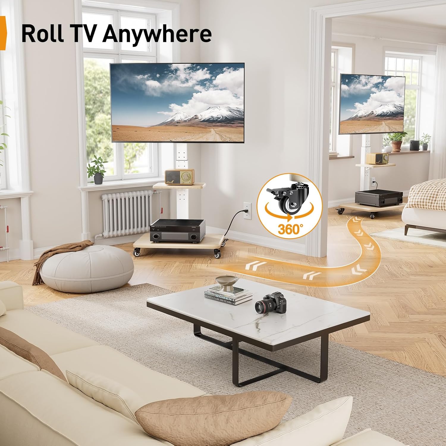 Perlegear Mobile TV Stand with Power Outlet, Tilt & Swivel Rolling TV Cart for 32-75 inches TVs up to 110 lbs, Height Adjustable Rolling TV Stand White with Wheels, Max VESA 600x400mm, PGTVMC17W