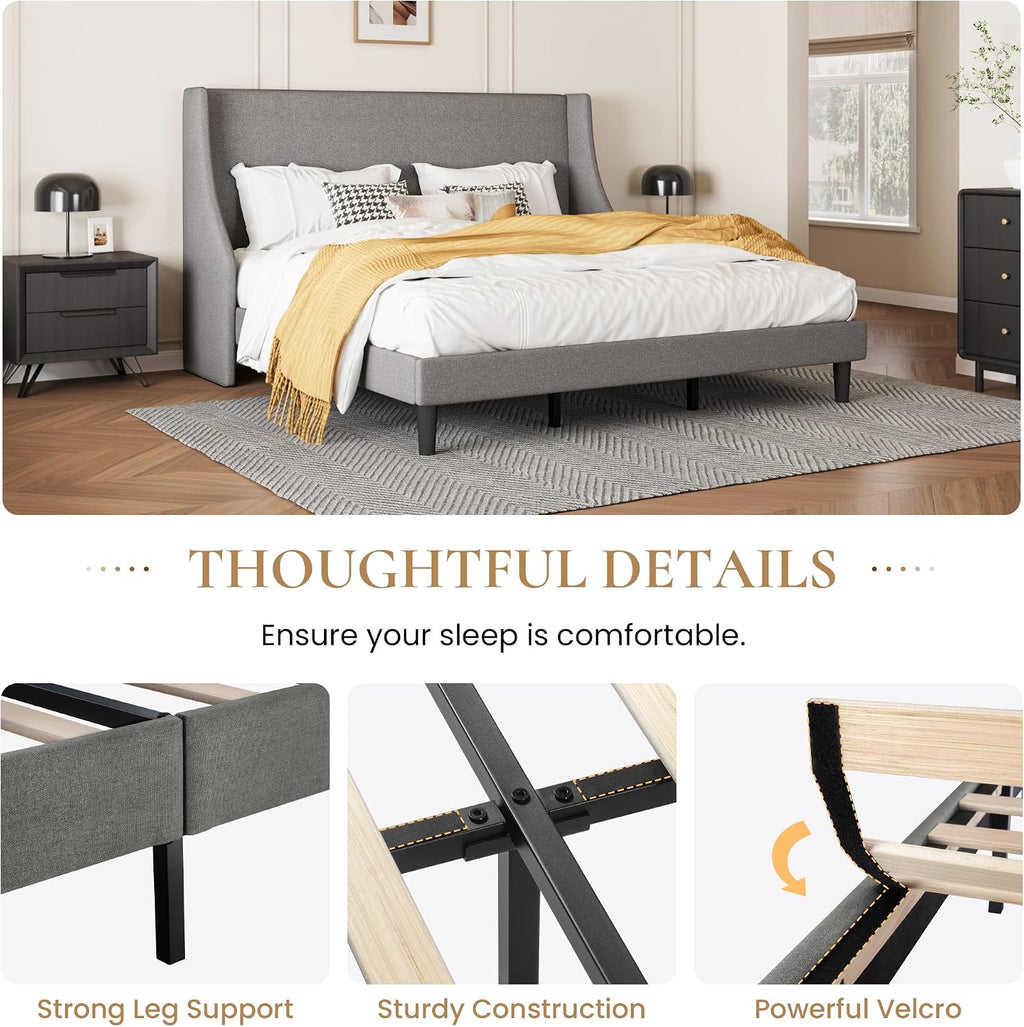 SHA CERLIN Upholstered Bed Frame King Size with Streamlined Wingback Headboard, Breathable Linen Fabric, Solid Wooden Slats, Easy Assembly, Light Grey