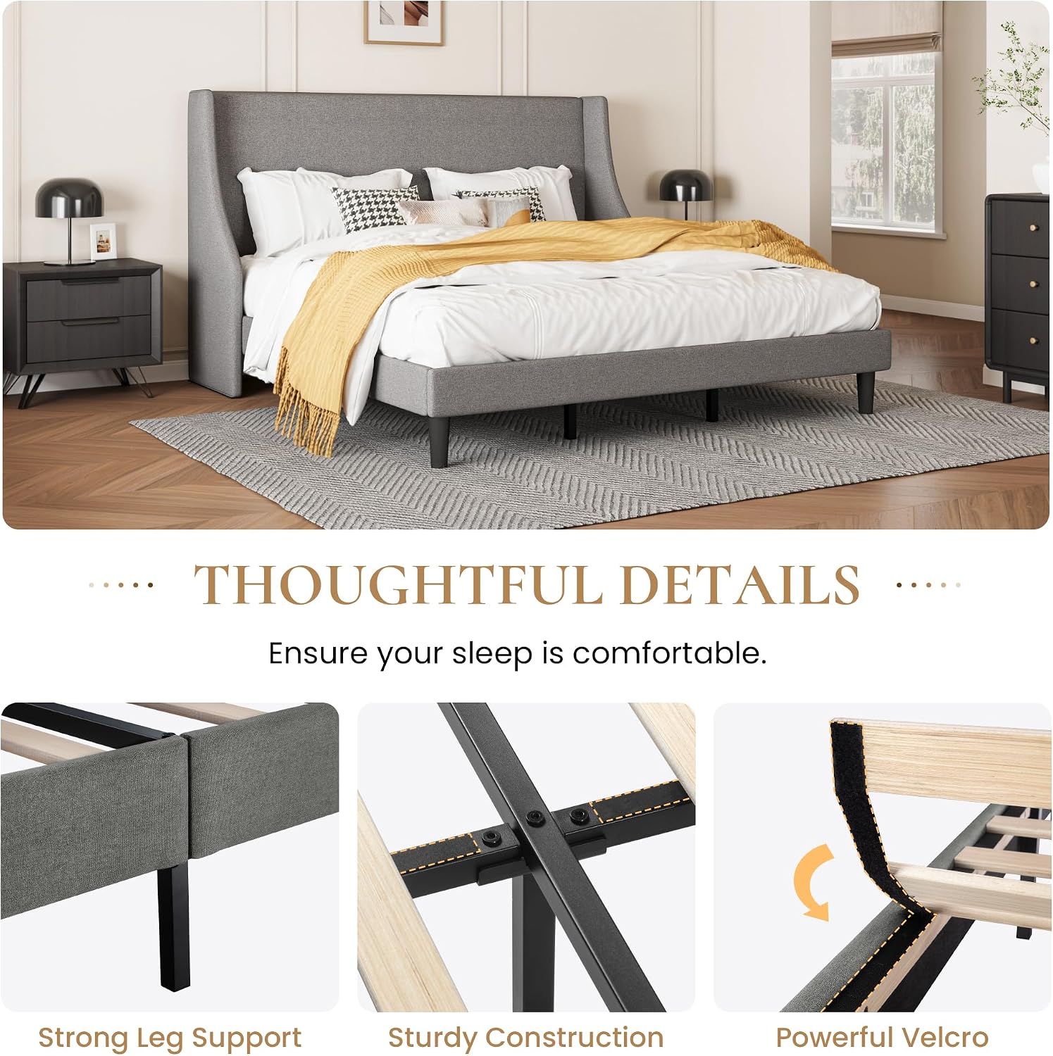 SHA CERLIN Upholstered Bed Frame King Size with Streamlined Wingback Headboard, Breathable Linen Fabric, Solid Wooden Slats, Easy Assembly, Light Grey