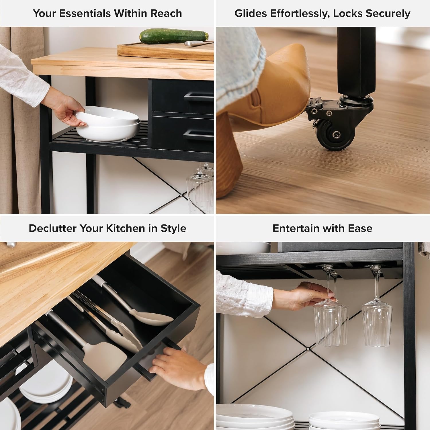 Kitchen Island Cart with Storage – Solid Wood Rolling Coffee Cart with Pine Top, 2 Drawers, Shelves & Wine Rack – Mobile Kitchen Island with Black Base