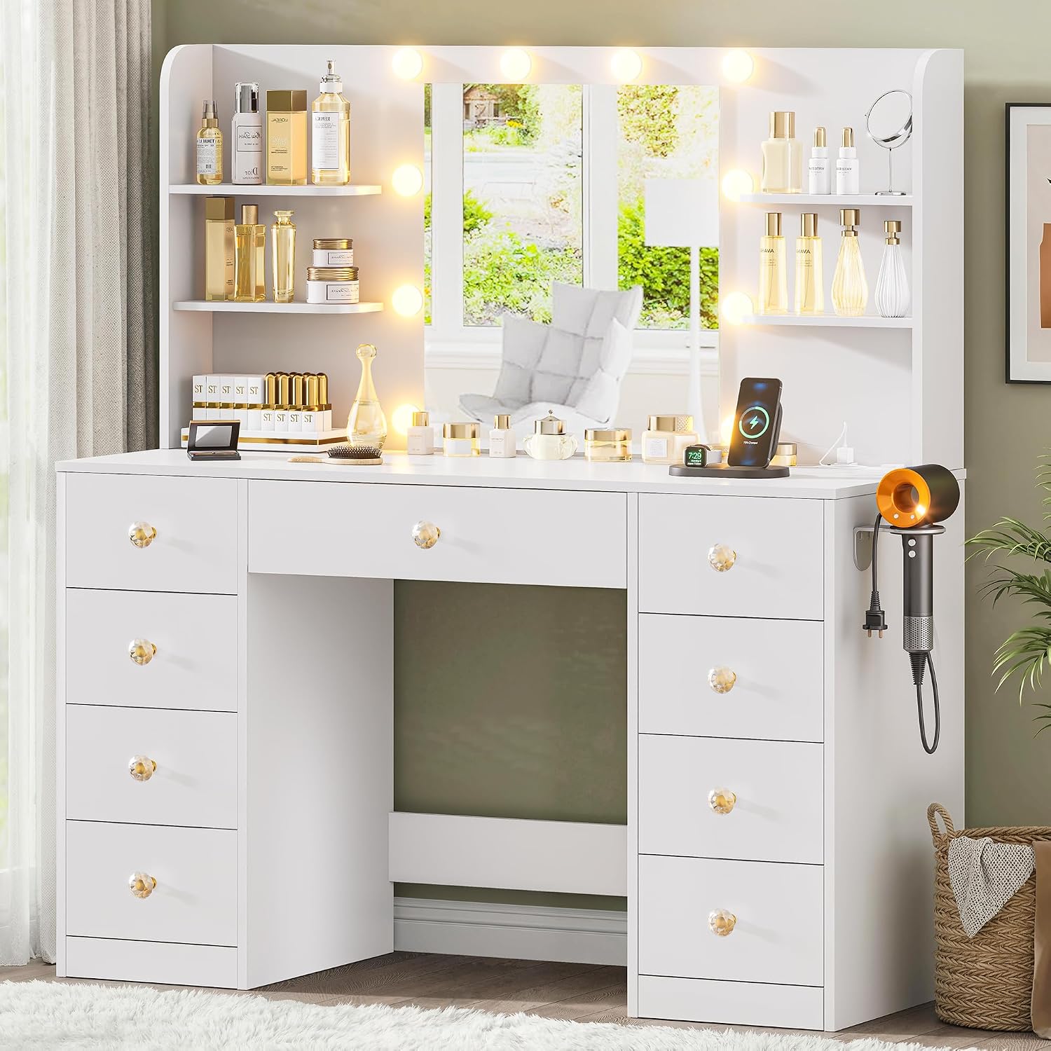 White Vanity Desk With Mirror and LED Lights, 3 Colors Adjustable, Large Makeup Vanity Desk with Power Strip and Hairdryer Holder, 9 Drawers & 6 Shelves Modern Dressing Table for Women, Bedroom