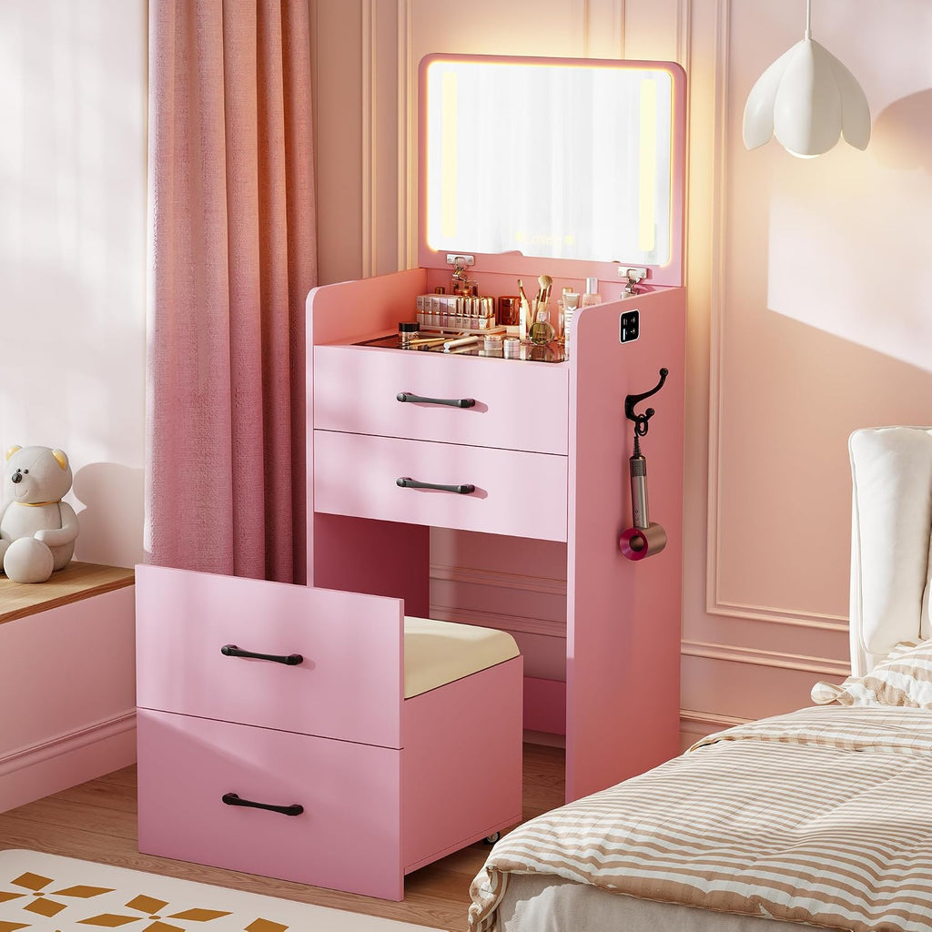 3 in 1 Vanity Desk with Flip up Mirror and Lights, Glass Top Makeup Vanity Table with Charging Station,LED Compact Dressing Table with 3 Drawer and Wheel Storage Stool for Bedroom(Pink)