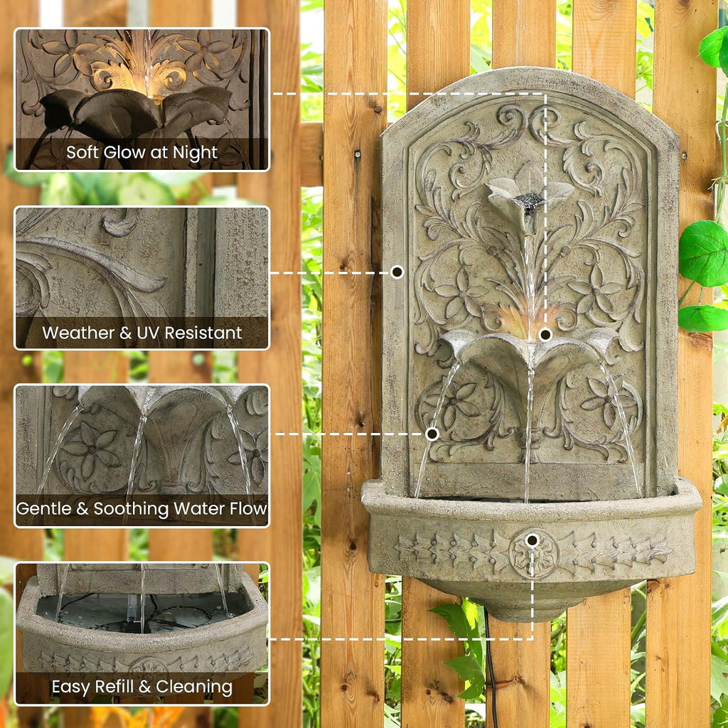 Vintage Wall-Mounted Outdoor Fountain, 28.3' H Resin Garden Water Feature with Floral Carving, Decorative Antique Wall Waterfall for Patio, Yard, Porch & Home Décor