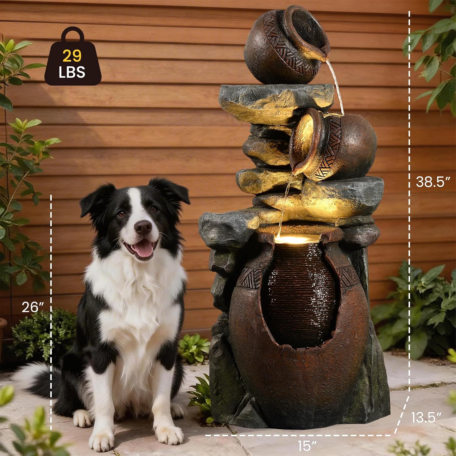 Rustic Jar Outdoor Water Fountain with Planter 38.5' Large Tiered Waterfall with Warm LED Lights, Handcrafted Resin Fountain for Zen Garden, Deck & Indoor Home Decor