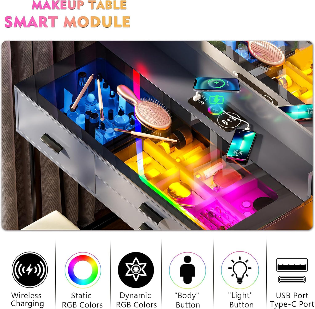 Lvifur RGB Vanity Desk - with Mirror and Lights,7 Dynamic & 24 Static Dimmable Vanity Table Set with Charging Station,Human Sensor LED Vanities w/Glass Top,6 Drawers,Stool,Grey