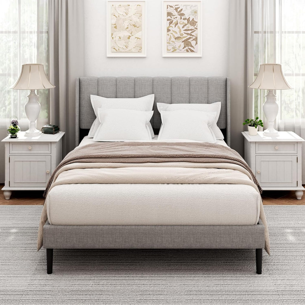 Sismplly Full Size Bed Frame and Headboard,Vertical Channel Tufted Wingback No Box Spring Needed, Mattress Foundation, Easy Assembly Light Grey, Linen