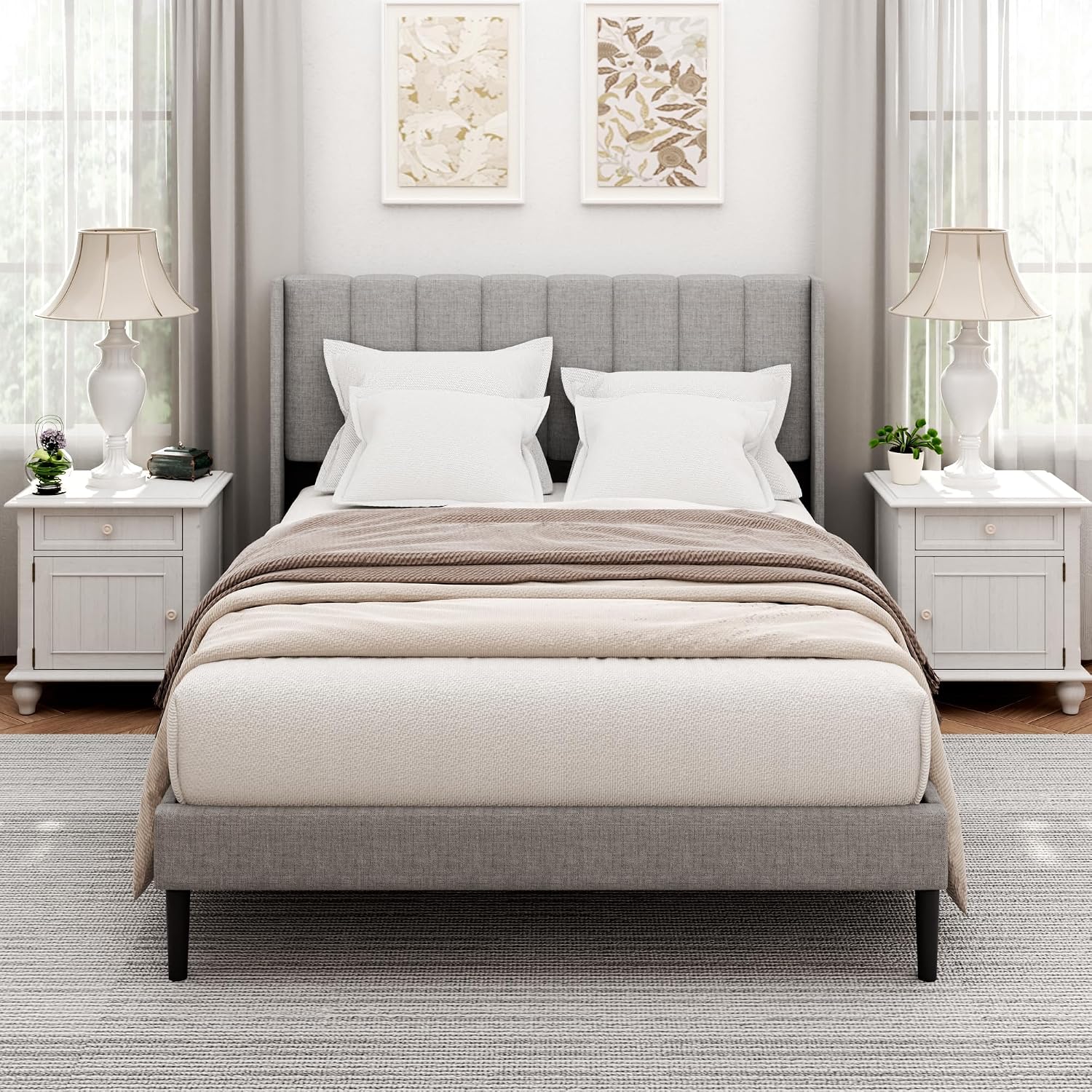 Sismplly Full Size Bed Frame and Headboard,Vertical Channel Tufted Wingback No Box Spring Needed, Mattress Foundation, Easy Assembly Light Grey, Linen