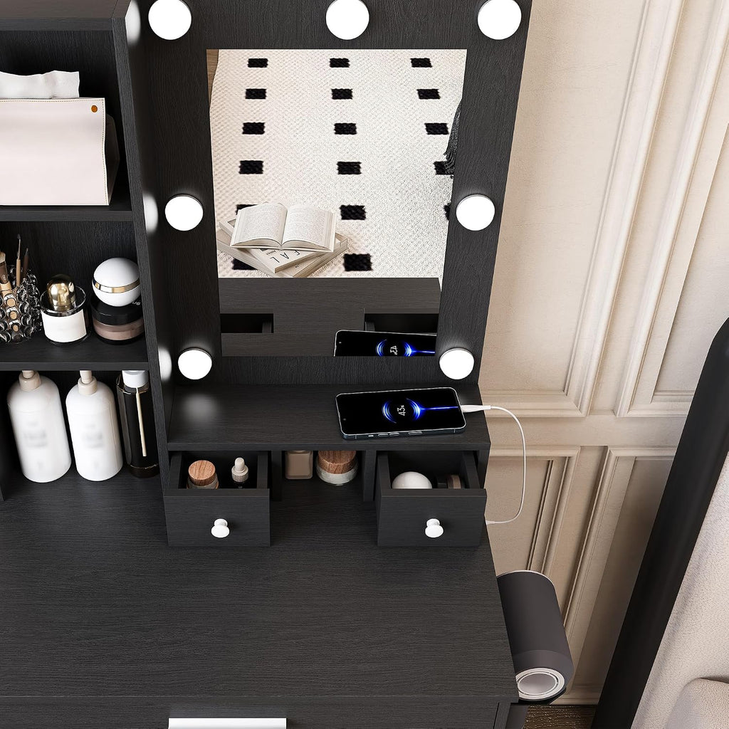 Runboll Small Vanity Desk with Mirror and Lights, Compact Makeup Vanity with Power Strip & Hairdryer Holder, Dressing Table Set with Stool, Drawers & Shelves