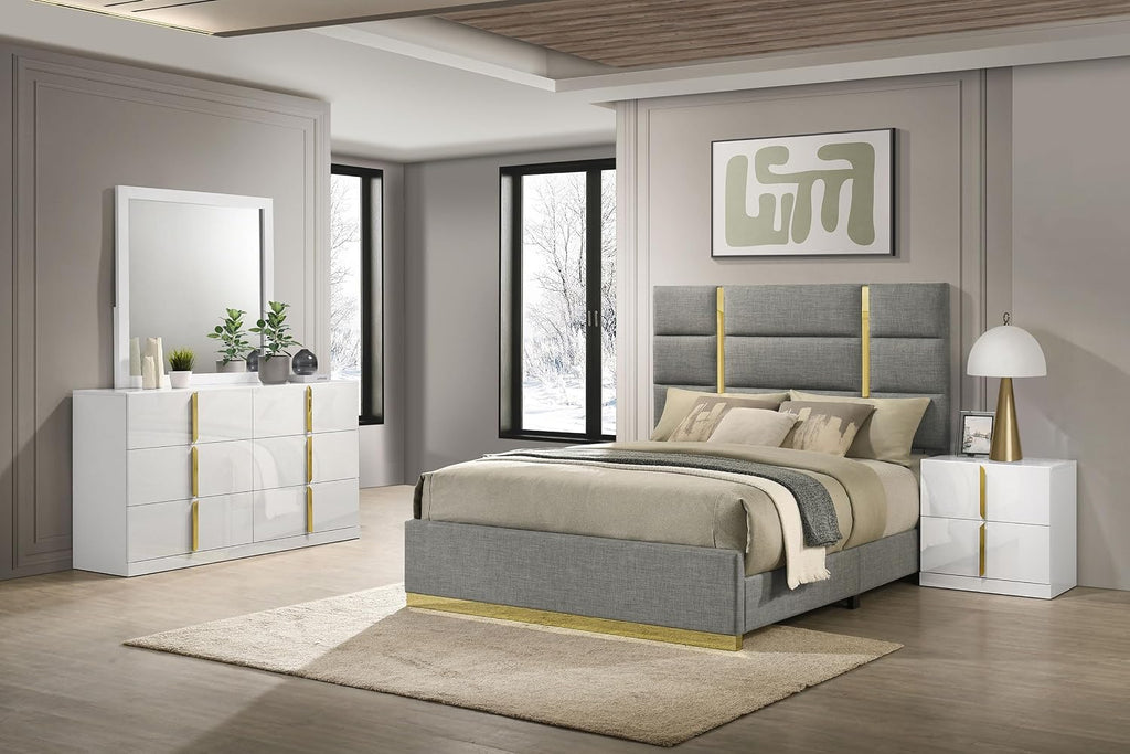 Coaster Home Furnishings - INES - Wood - 4-Piece Bedroom Set with Upholstered Bed and Flat Drawer Fronts - Bedroom - Queen Size - White High Gloss and Grey - 223091GRYQ-S4