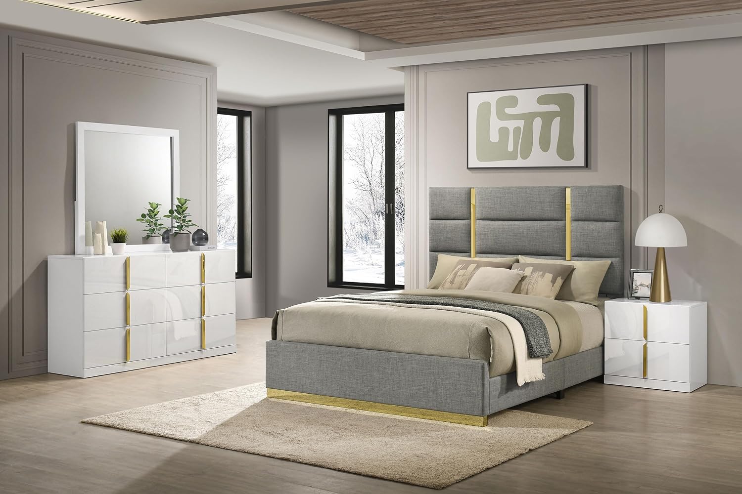 Coaster Home Furnishings - INES - Wood - 4-Piece Bedroom Set with Upholstered Bed and Flat Drawer Fronts - Bedroom - Queen Size - White High Gloss and Grey - 223091GRYQ-S4