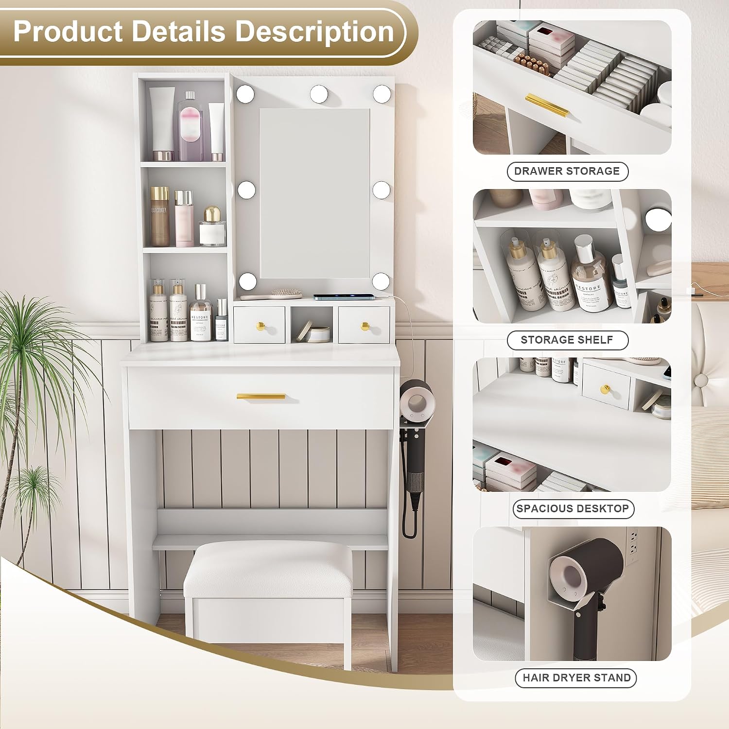 Runboll Small Vanity Desk with Mirror and Lights, Compact Makeup Vanity with Power Strip & Hairdryer Holder, Dressing Table Set with Stool, Drawers & Shelves