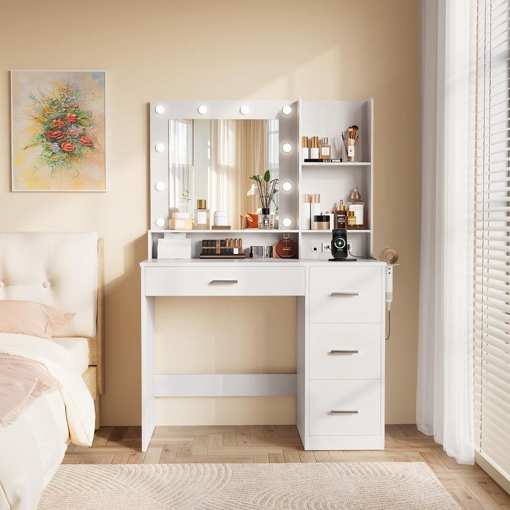 Furmax Vanity Desk with LED Lighted Mirror&Power Outlet, 39.3'' Makeup Vanity Table with 4 Drawers and 3 Storage Shelves, Adjustable 3 Lighting Colorfor Bedroom&Dressing Room (White)