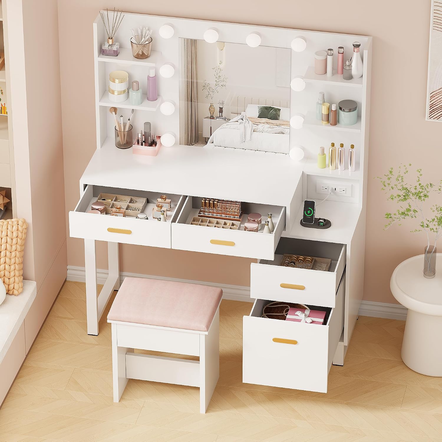 ANWBROAD Makeup Vanity Desk Vanity Set with 10 LED Bulbs Lighted Mirror Makeup Vanity Table Set with Charging Station Nightstand 3 Colors Modes Dimming Cushioned Stool Large Mirror White UBDT53W