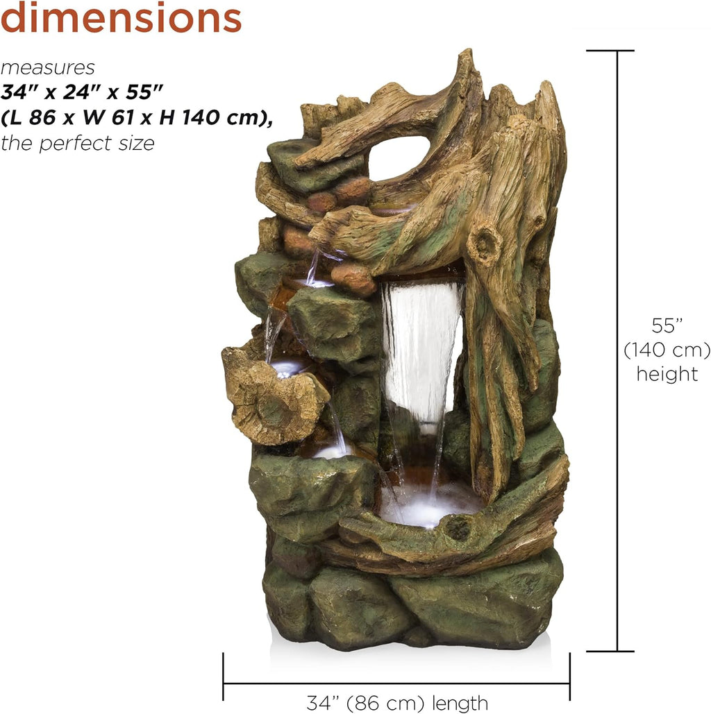 Alpine Corporation TZL200 Outdoor Side Tiering Garden Floor Rainforest Water Fountain with LED Lights, 55', Brown