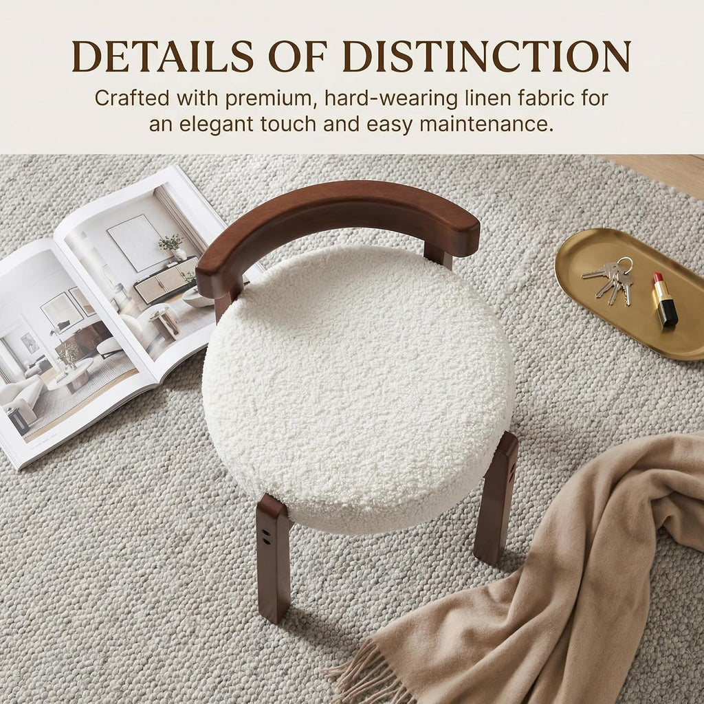 HNY Modern Boucle Ottoman : Upholstered Vanity Chair with Solid Wood Legs, Cute Round Footrest for Bedroom & Living Room, White