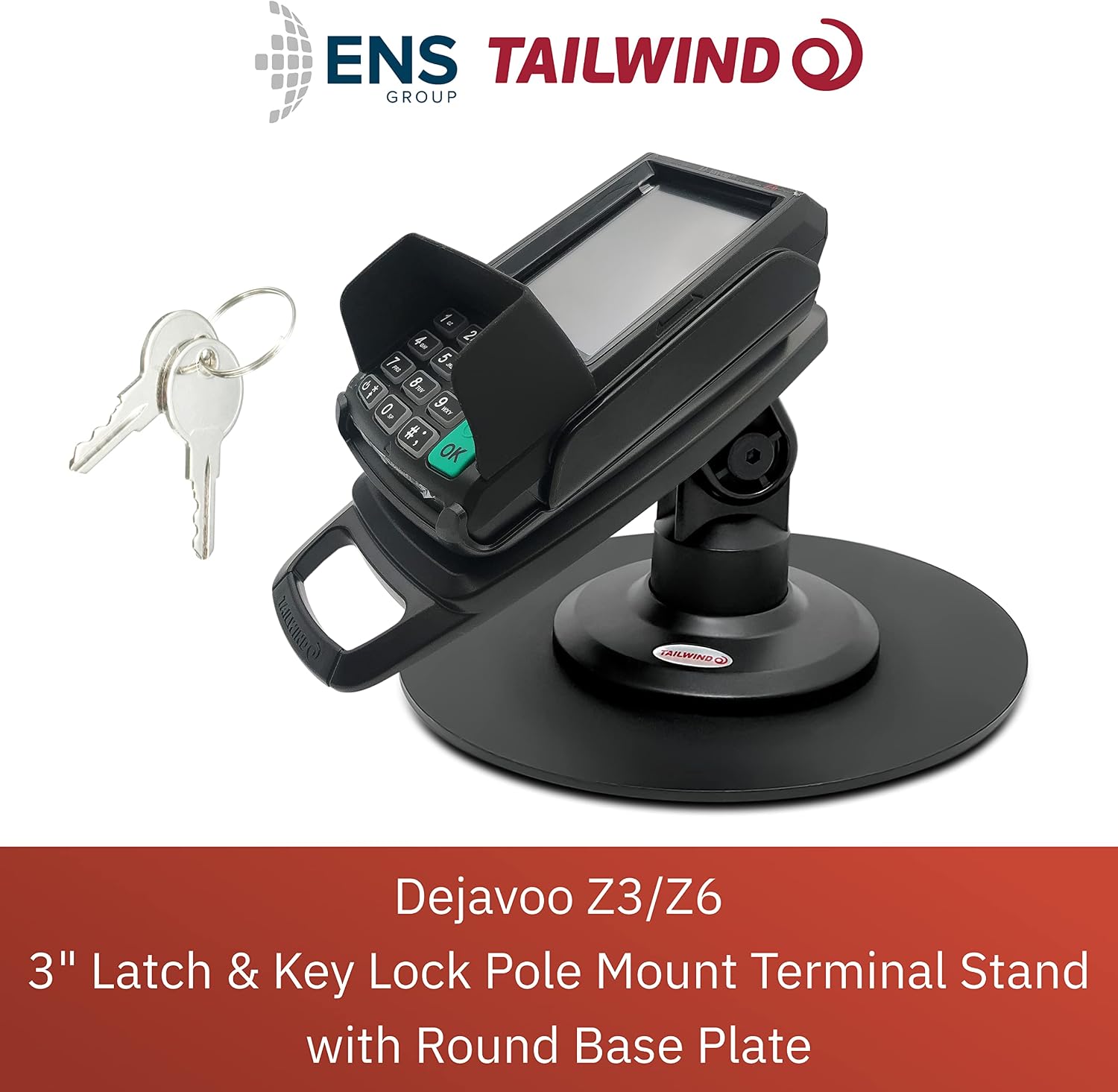 Dejavoo Z3/Z6 3' Latch and Key Lock Compact Pole Mount Terminal Stand with Round Freestanding Mobility Base Plate