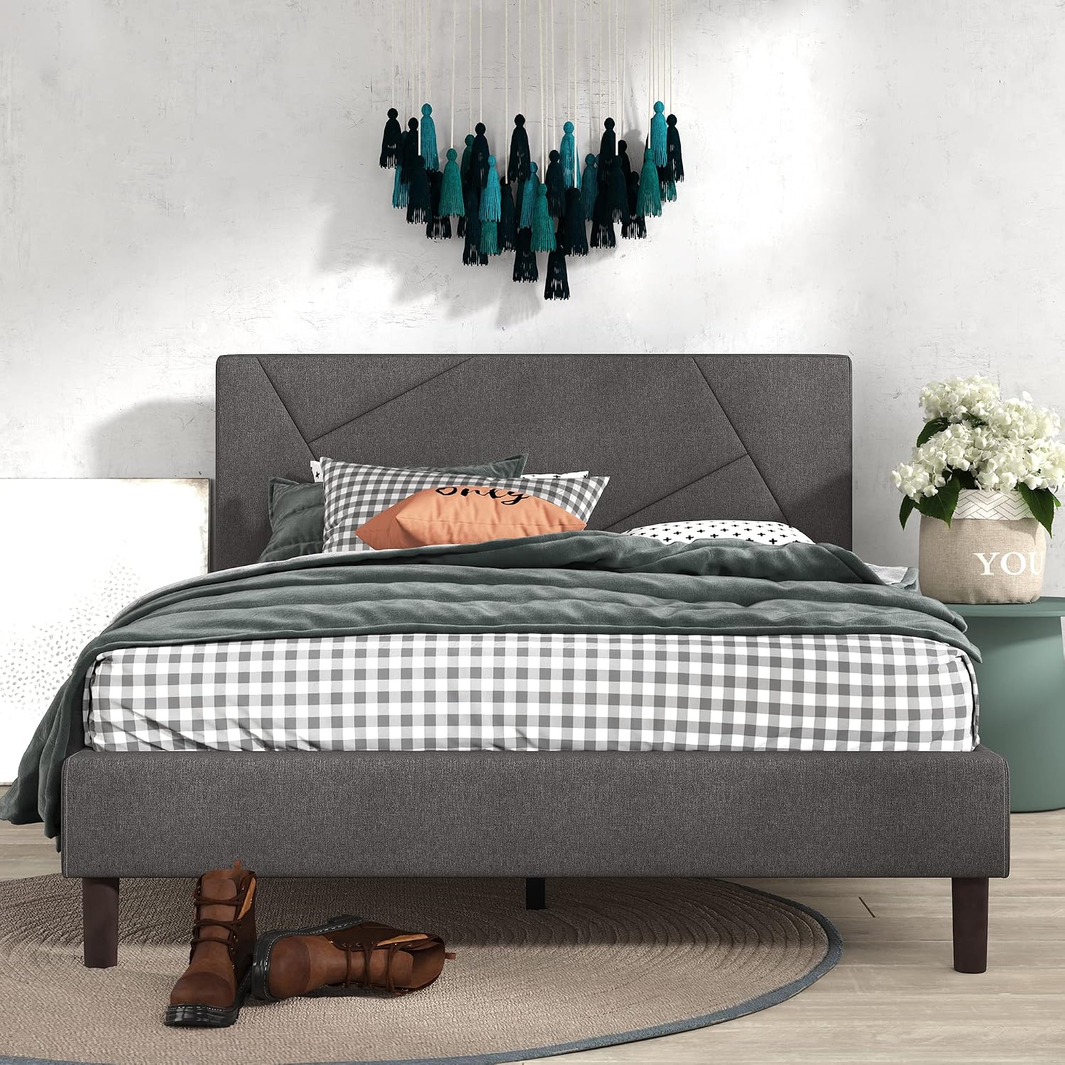 Zinus Judy Upholstered Platform Bed Frame, Mattress Foundation, Wood Slat Support, No Box Spring Needed, Easy Assembly, Queen