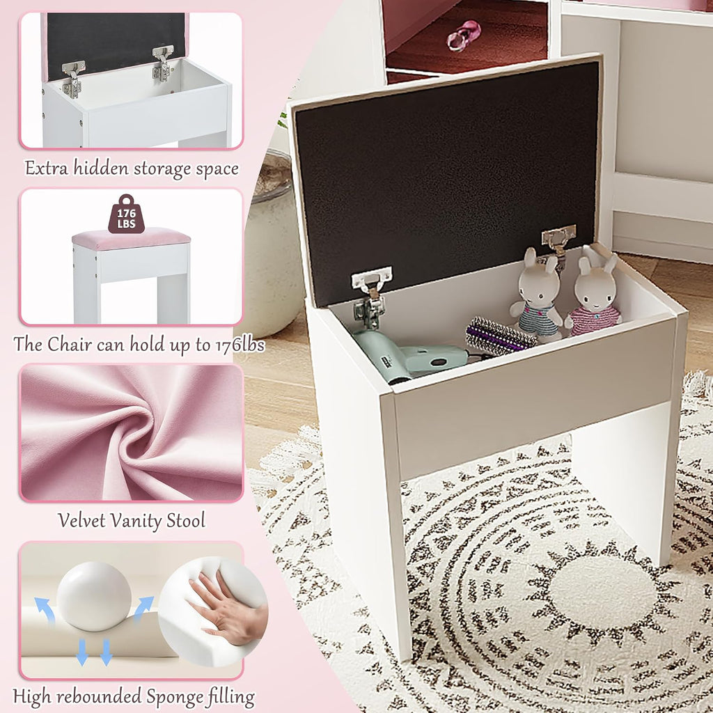 Merax 37' Pink Vanity Desk with Mirror and Lights and Storage Stool, Modern Dressing Table Set with 6 Pink Finish Drawers and Visual Glass Top and Charge Station for Bedroom or Dressing Room