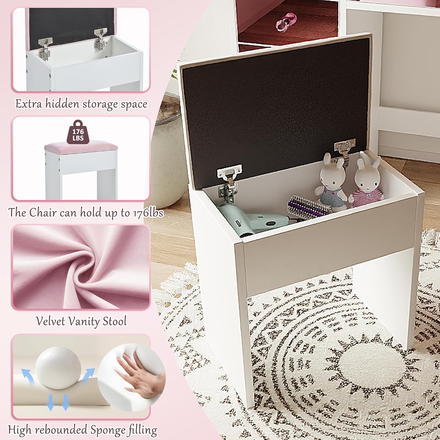 Merax 37' Pink Vanity Desk with Mirror and Lights and Storage Stool, Modern Dressing Table Set with 6 Pink Finish Drawers and Visual Glass Top and Charge Station for Bedroom or Dressing Room