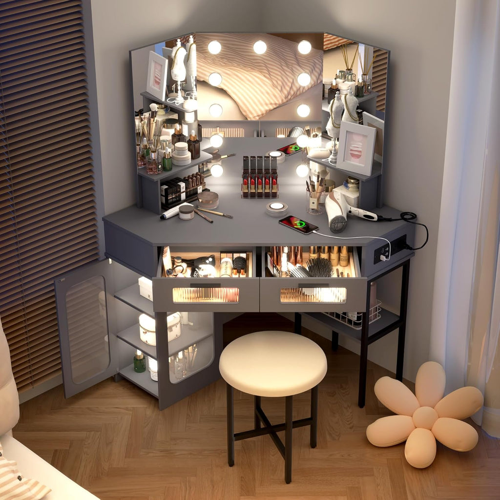 Lareth Corner Vanity Desk with 3 Way Mirror and Lights, Modern Makeup Vanity with Charging Station, Stool, 45.5' Large Bedroom Dressing Table with 2 Drawers & Shelves, Gifts for Girls Women, Grey