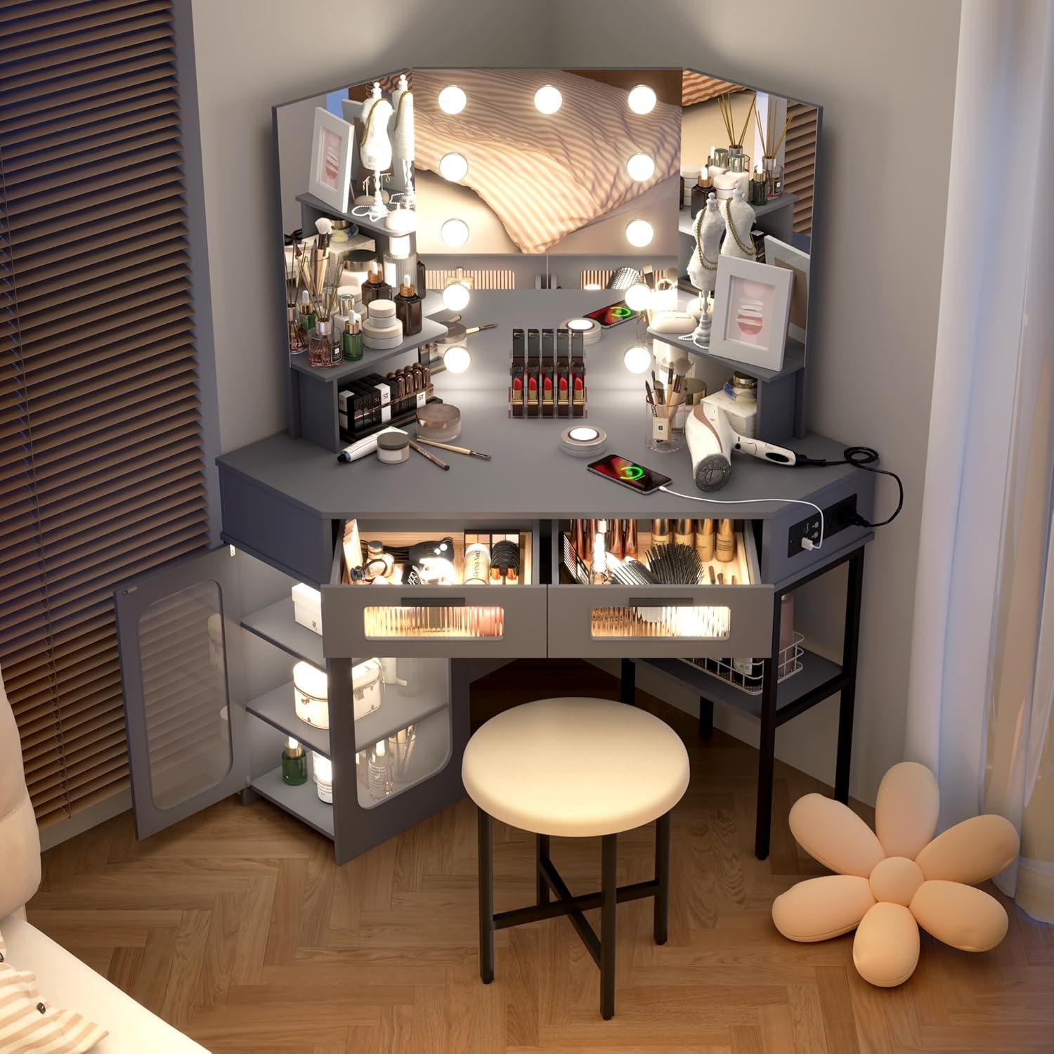 Lareth Corner Vanity Desk with 3 Way Mirror and Lights, Modern Makeup Vanity with Charging Station, Stool, 45.5' Large Bedroom Dressing Table with 2 Drawers & Shelves, Gifts for Girls Women, Grey