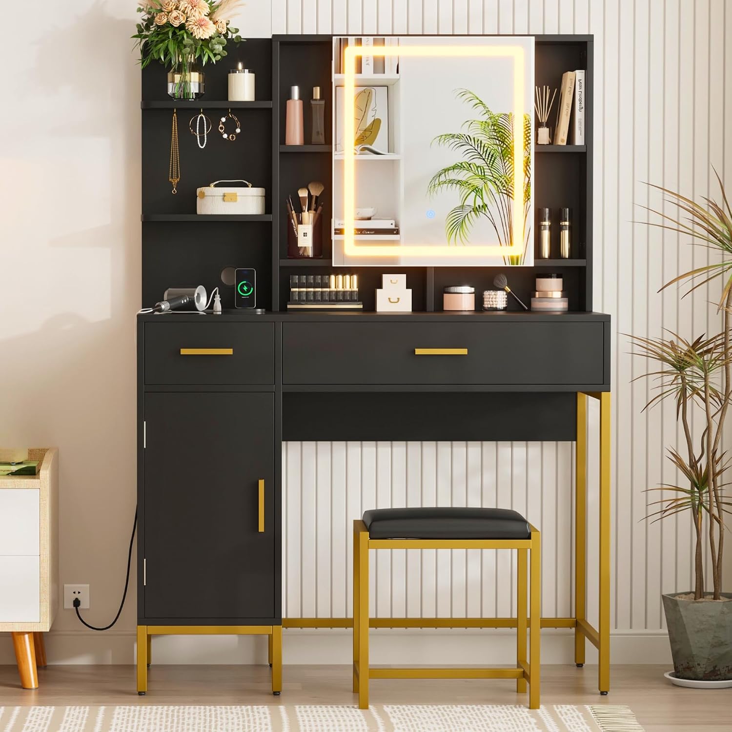 IDEALHOUSE Vanity Desk with Mirror and Lights, 42.5' Makeup Vanity Set with Stool, Makeup Table with Mirror Cabinet and Chair, Drawers & Shelves, Dressing Table with Outlet for Bedroom, Black