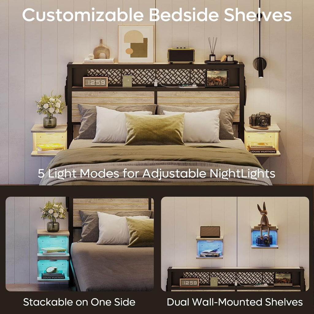 Bestier Queen Bed Frame with Horizontal Golden Stripe Storage Headboard&LED Nightstands, Metal Platform Bed with Charging Station, Heavy Duty Metal Slats, No Box Spring Needed, Noise Free(Grey Oak)
