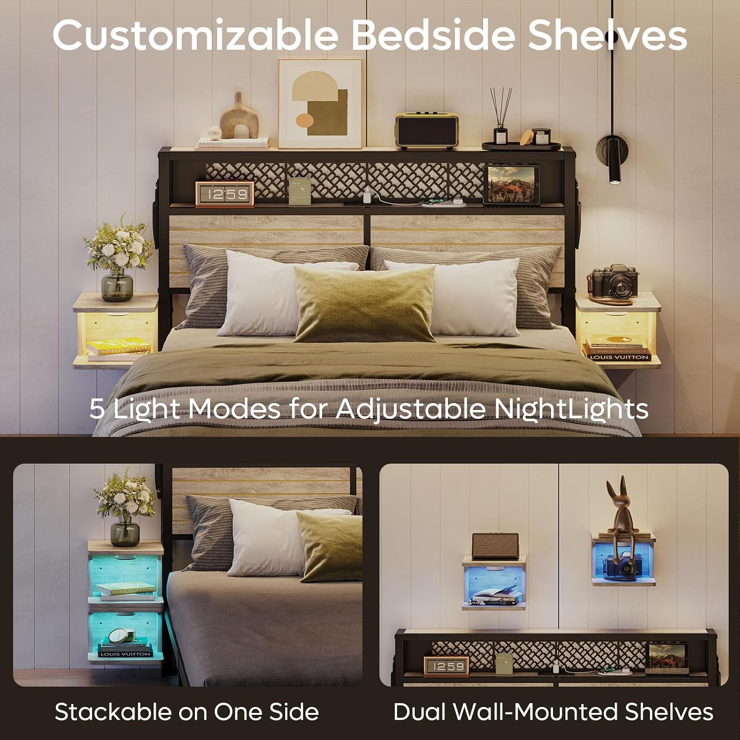 Bestier Queen Bed Frame with Horizontal Golden Stripe Storage Headboard&LED Nightstands, Metal Platform Bed with Charging Station, Heavy Duty Metal Slats, No Box Spring Needed, Noise Free(Grey Oak)