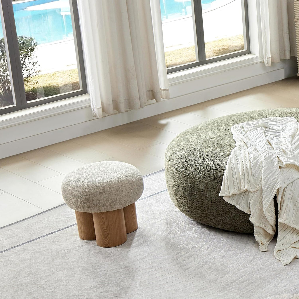 Mushroom Ottoman Stool with Teddy Fabric Upholstery, Round Foot Rest Seat, Walnut Veneer Look Barrel Base, Accent Vanity Seating for Entryway Living Room Bedroom Sofa Side Corner Decor (Greige)