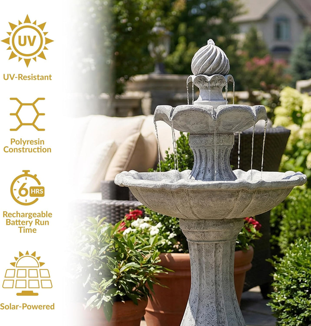 Sunnydaze 45-Inch 2-Tier Arcade Outdoor Solar Water Fountain - Outdoor Water Feature with LED Light for Garden, Patio, Yard or Balcony - White