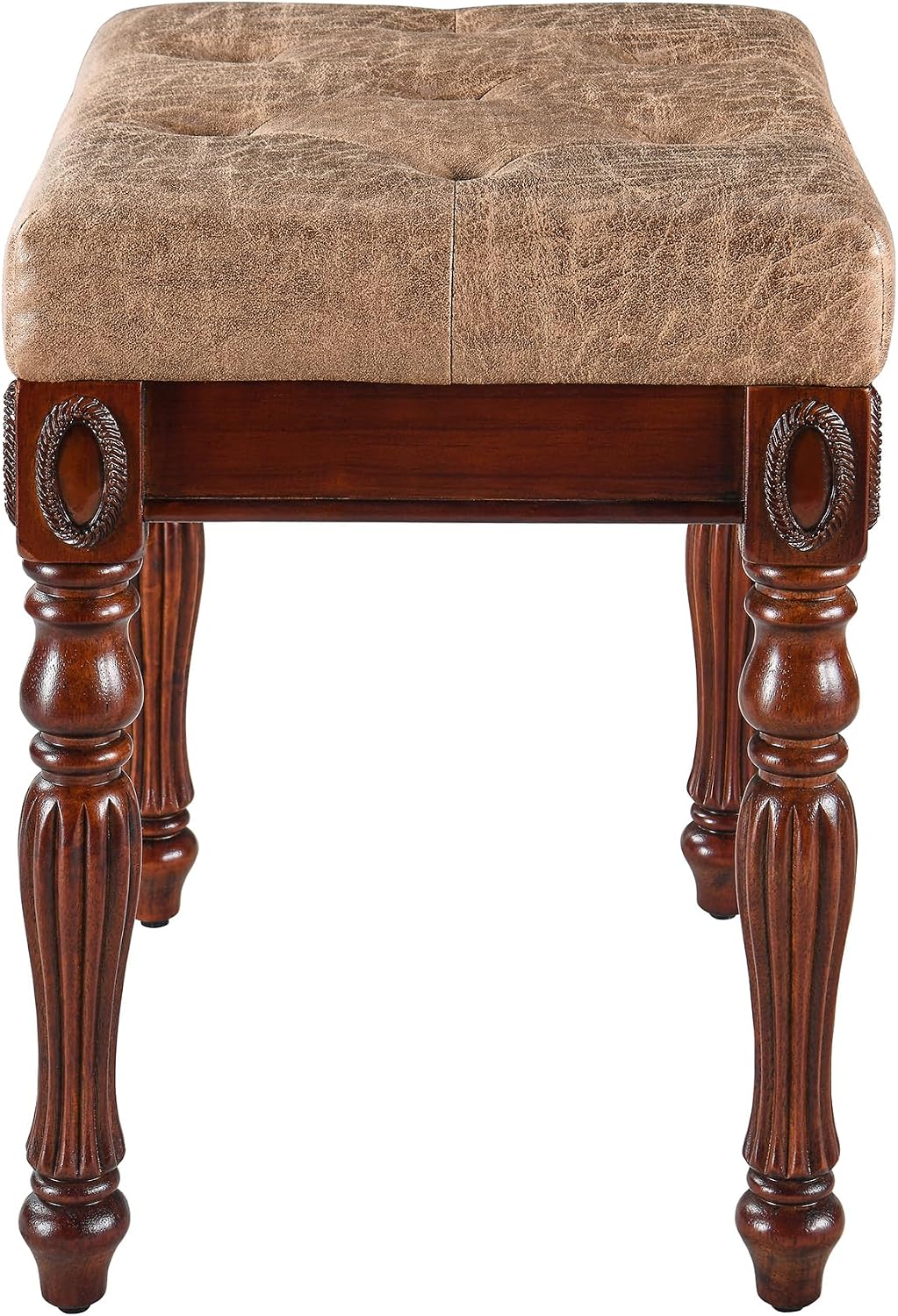 LEEMTORIG Vanity Stool Bench Ottoman Stool, Traditional Victorian Style Piano Bench Chair, Upholstered Button Tufted Solid Wood Short Bench, 14.2' Dx18.5 Wx19.1 H, Yellowish Brown Fabric, FD-1533-LT