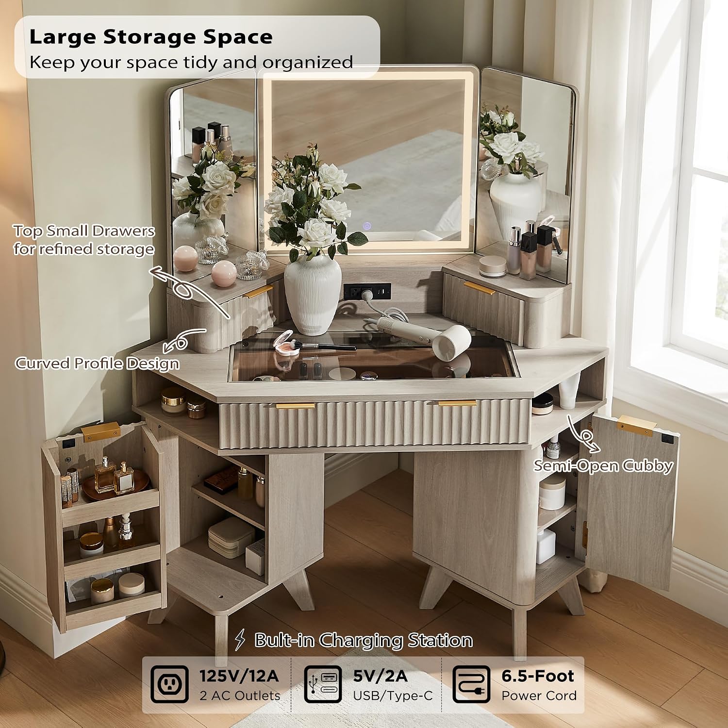T4TREAM Fluted Makeup Vanity Desk with 3 Way Mirror and Lights, 48' Large Corner Vanity Table with Glass Top, Charging Station, 3 Drawers, Storage Cabinets & Shelves, for Bedroom, White Alder