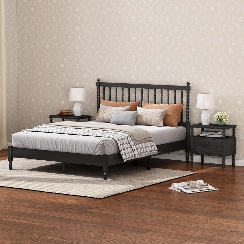 Generic 3 s Bedroom Sets King Size Wood Platform Bed with Gourd Shaped Headboard with 2 Nightstands,Antique Black
