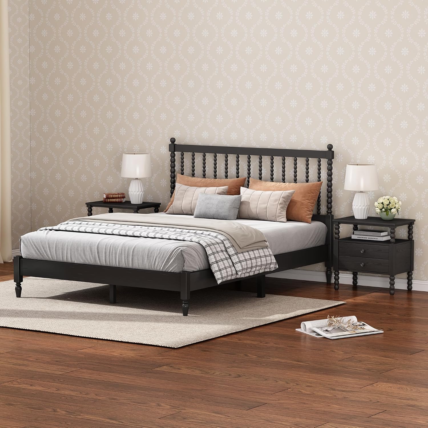 Generic 3 s Bedroom Sets King Size Wood Platform Bed with Gourd Shaped Headboard with 2 Nightstands,Antique Black