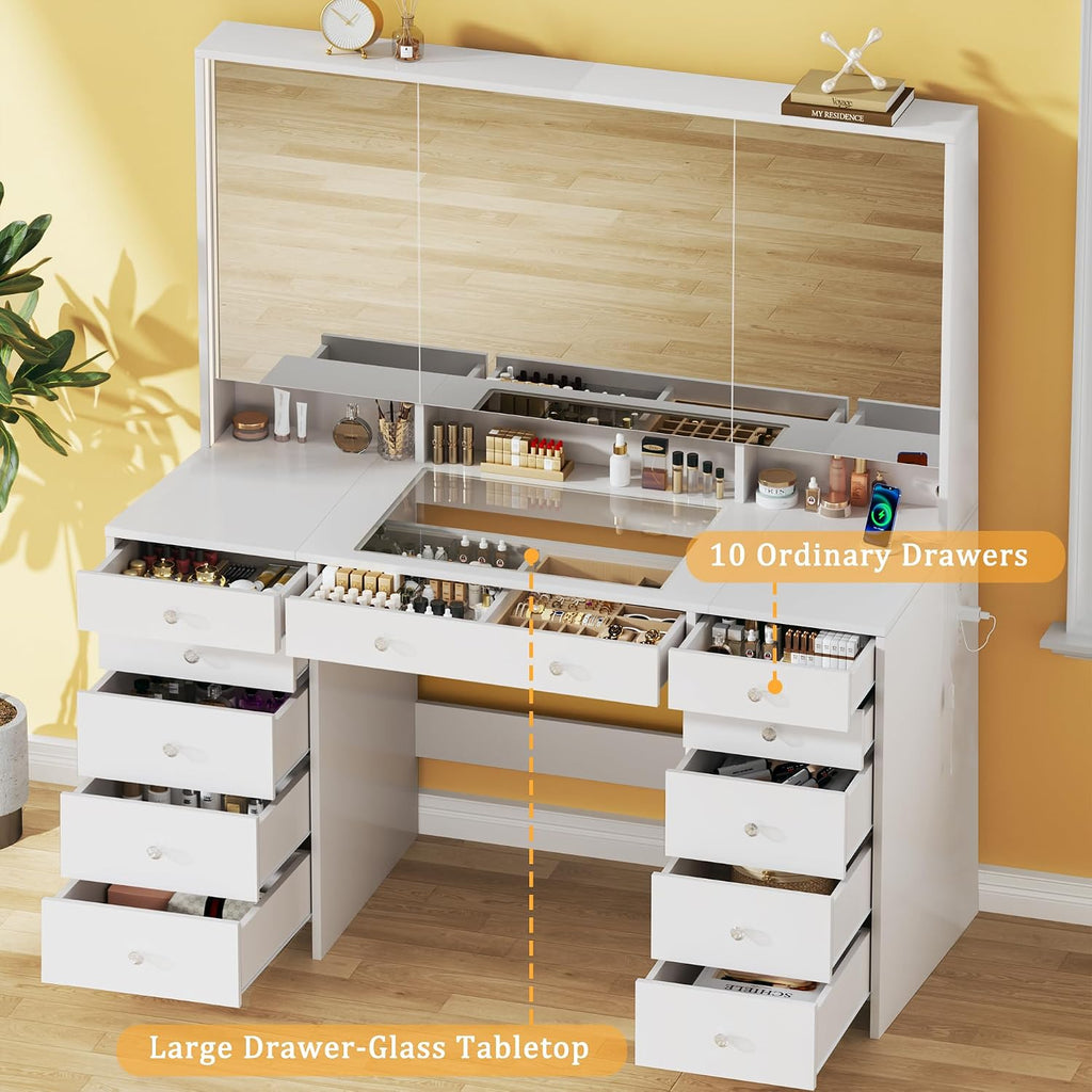 HUAHUU Vanity Desk with Mirror and Lights, 50' Makeup Vanity with Glass Top & Power Outlet, White Vanity with 11 Drawers & 8 Hidden Storage Shelves, 3 LED Lighting Modes Adjustable for Bedroom