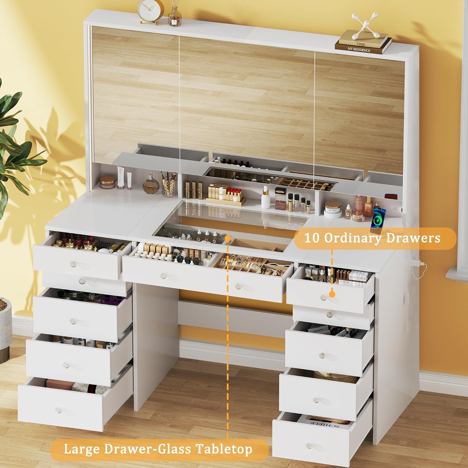 HUAHUU Vanity Desk with Mirror and Lights, 50' Makeup Vanity with Glass Top & Power Outlet, White Vanity with 11 Drawers & 8 Hidden Storage Shelves, 3 LED Lighting Modes Adjustable for Bedroom