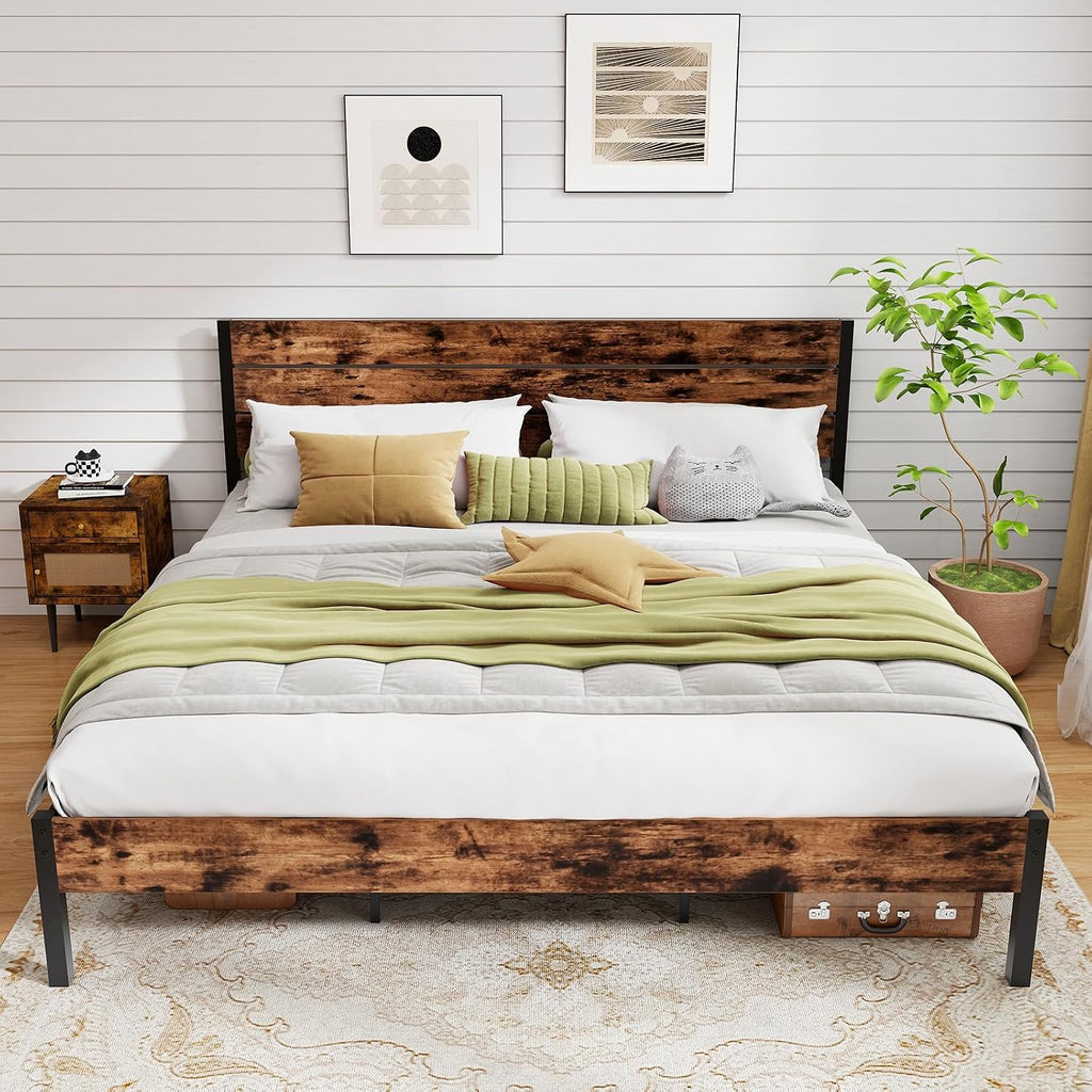 GOFLAME King Size Bed Frame, Metal Platform Bed with Under-Bed Storage Space & Slatted Headboard, Industrial Bed Base, No Box Spring Needed Mattress Foundation, Rustic Brown