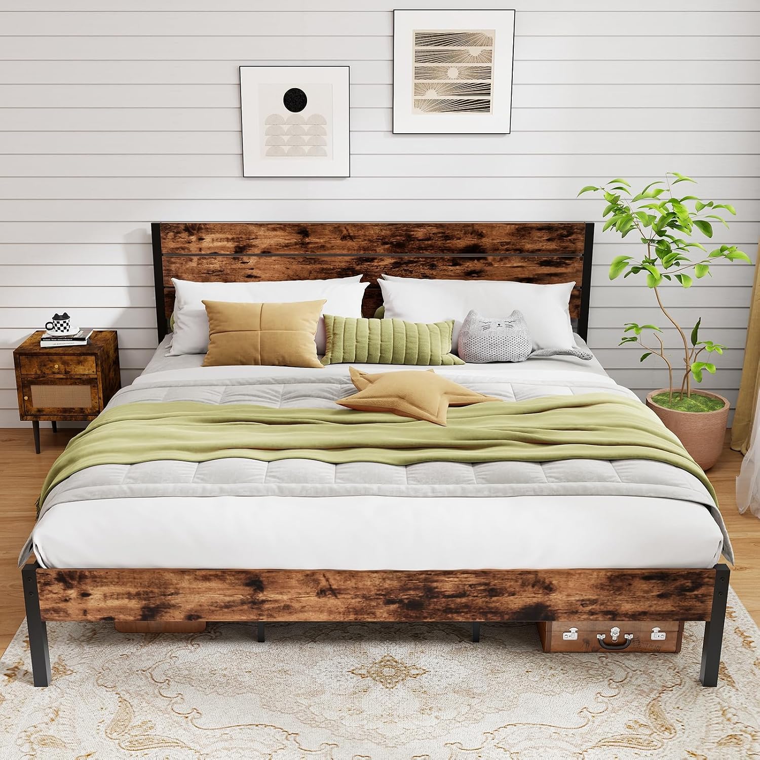 GOFLAME King Size Bed Frame, Metal Platform Bed with Under-Bed Storage Space & Slatted Headboard, Industrial Bed Base, No Box Spring Needed Mattress Foundation, Rustic Brown