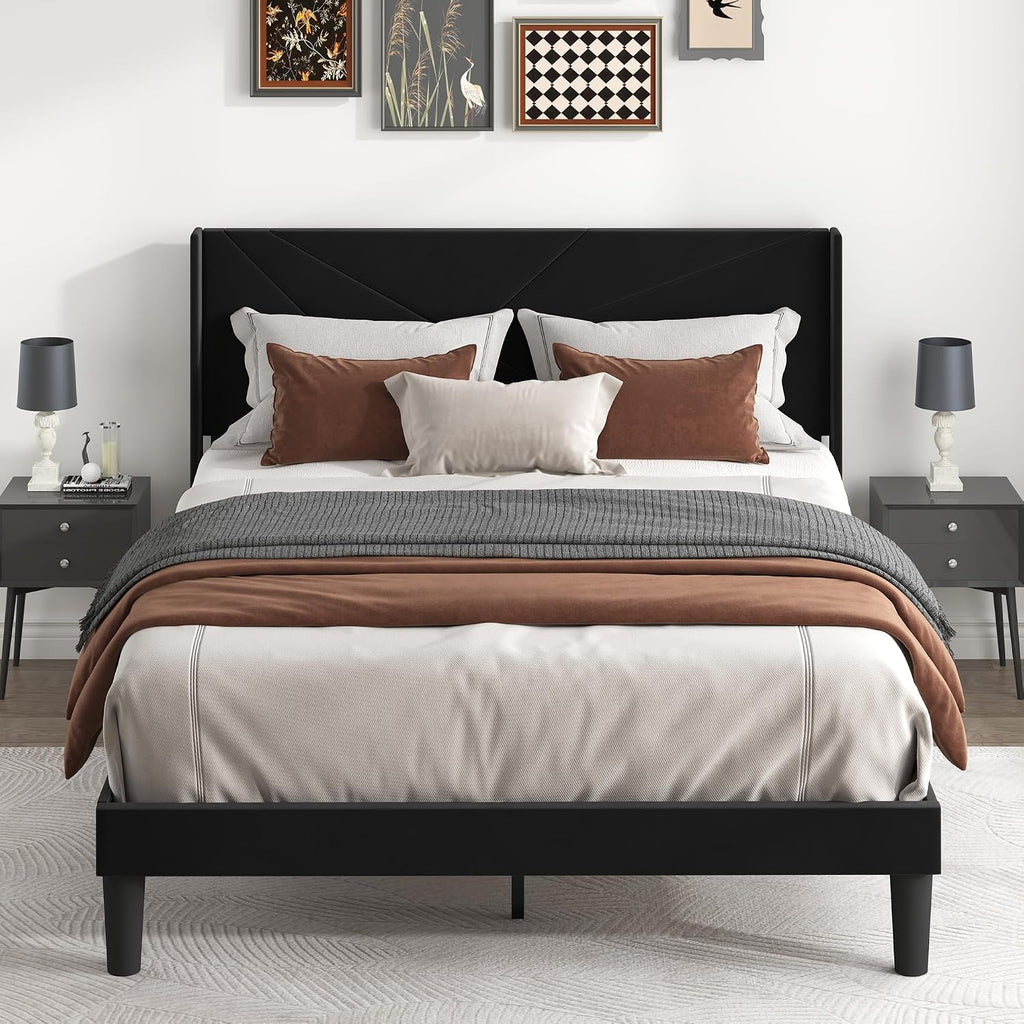 Queen Size Bed Frame with Upholstered Wingback Headboard, Easy Assemnly Platform Bed and Heavy Duty Wooden Slats Support, Noise-Free, No Box Spring Needed (Black, Queen)