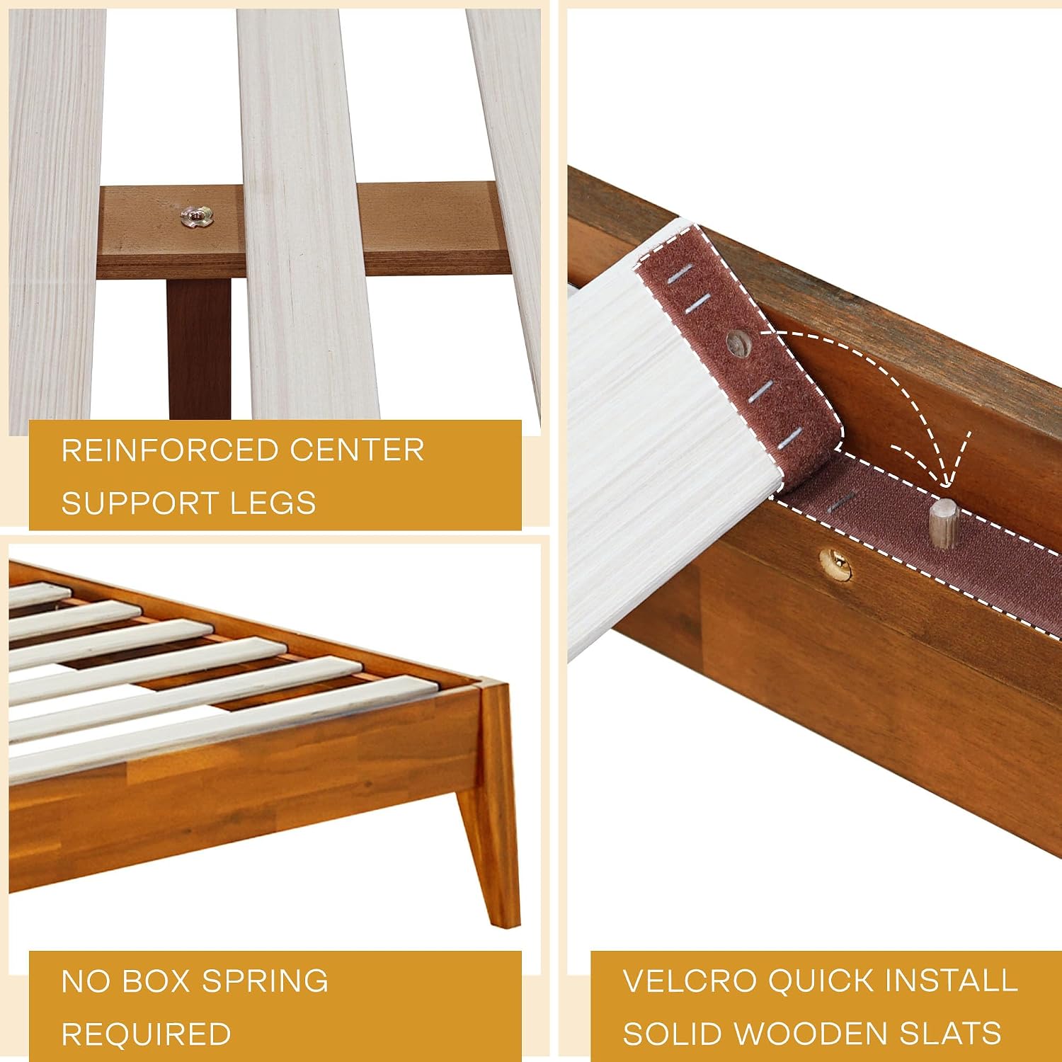 Acacia Emera Bed Frame with Headboard Solid Wood Platform Bed, Scandinavian Signature Wood Bed Compatible with All Mattress Types, Wood Slats Support, Queen Bed Frames, Caramel