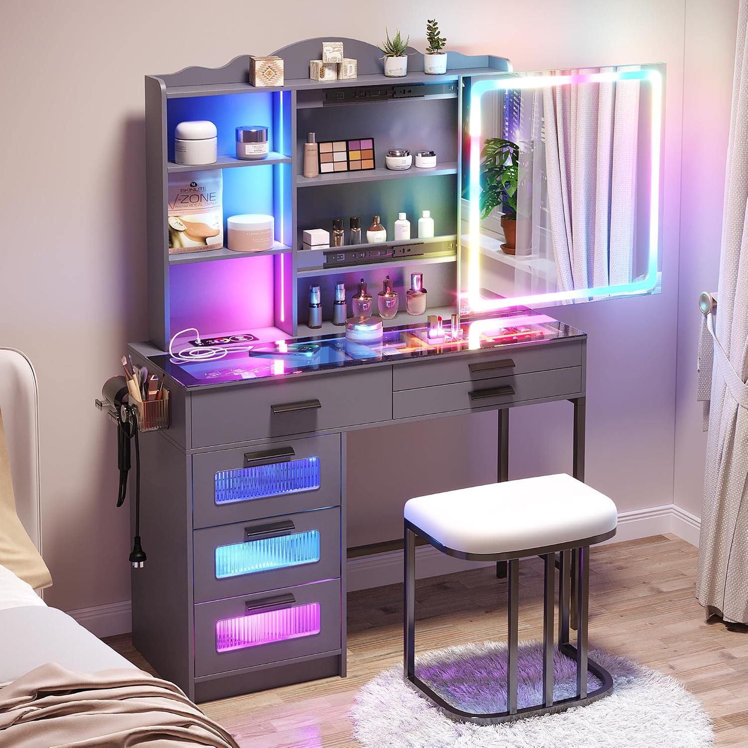 HENBC Vanity Desk with Sliding Mirror and Glass Desktop, LED Vanitys Mirror with RGB Lights Desk and Chair, Dressers Table Set with Charging Station/Makeup Organizer/6 Drawers for Bedroom(Grey)