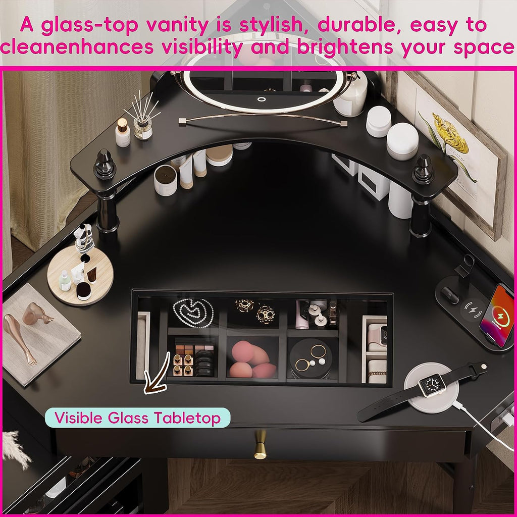 Glass Tabletop Vanity Desk with Removable Pull-Out Side Cabinet Triangle Makeup Table with Storage Chair Corner Dresser with Drawer and 2 Spacious Shelves for Bedroom, Black