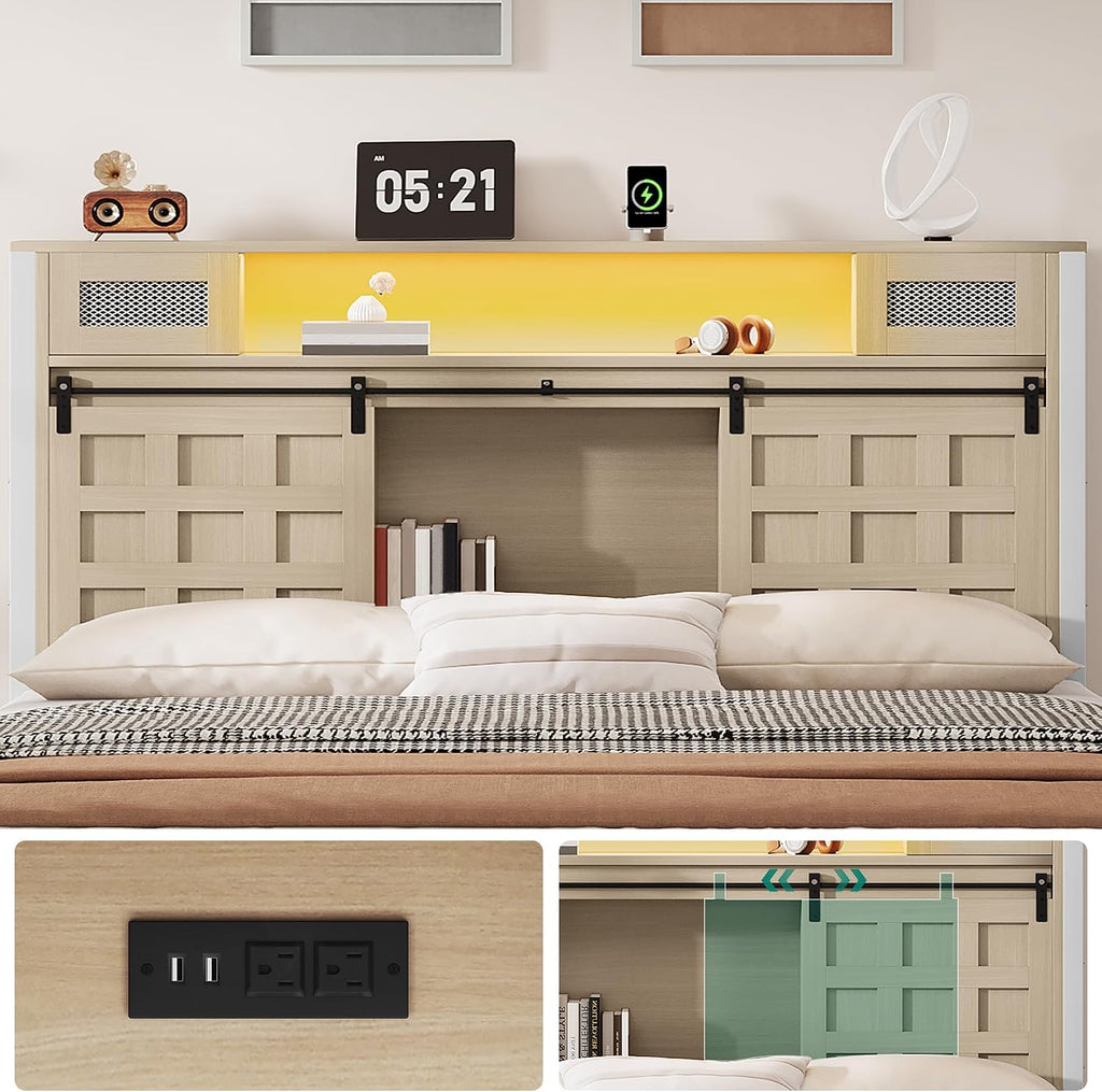 YITAHOME Farmhouse Bed Frame King Size with Storage Bookcase Headboard, Wooden Bed Frame with Charging Station & Led Light, Platform Bed with Sliding Barn Door, No Box Spring Needed,Oak w/Light