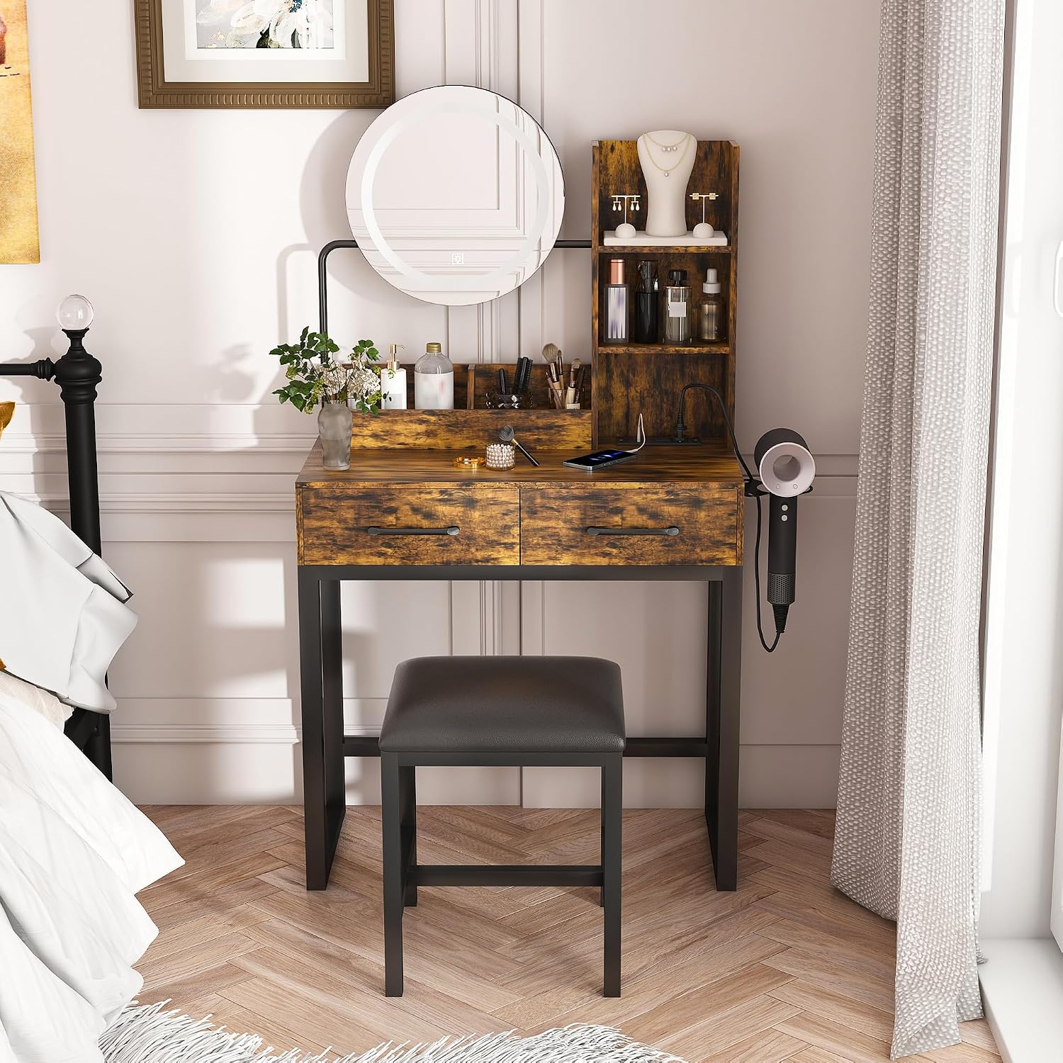 Vanity Desk with Mirror & Power Outlet,3 Dimmable Colors Light Small Makeup Vanity Table Set with 2 Large Drawers & Chair,Adjustable Brightness Dressing Table for Girls Bedroom, Retro
