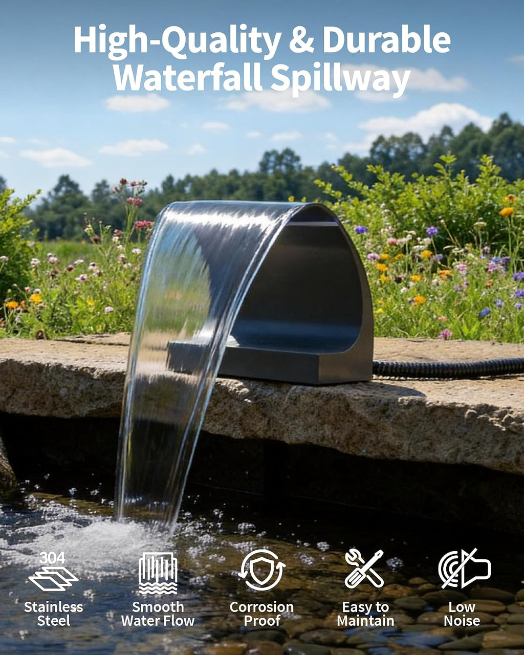 POPOSOAP Pond Waterfall Spillway with LED Lights & 1200GPH Pond Pump, 8Inch Pond Spillway Kit for Garden Ponds, Outdoor Water Feature with App & Remote Control for Backyard Landscape Decoration-P42C