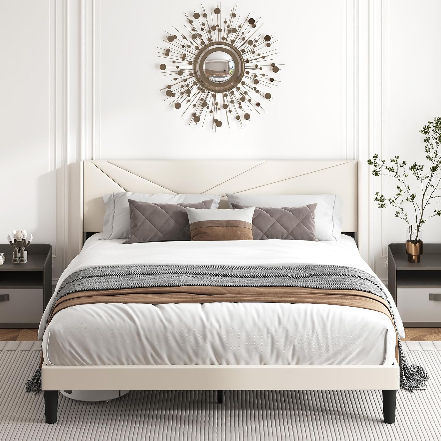 King Size Bed Frame with Upholstered Wingback Headboard, Easy Assemnly Platform Bed and Heavy Duty Wooden Slats Support, Noise-Free, No Box Spring Needed (Cream, King)