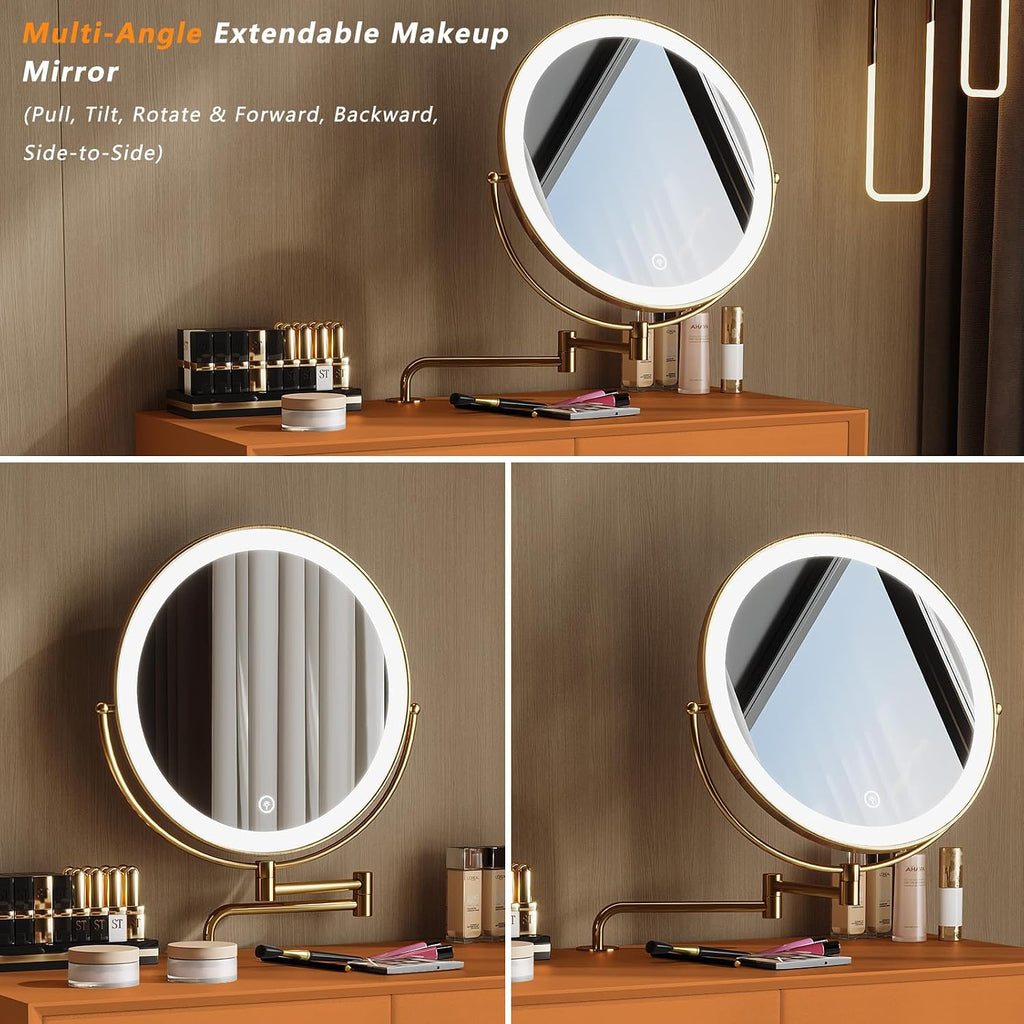 Vanity Desk with Adjustable Mirror and Lights, Makeup Desk with Drawers and Chair, Dressing Table Set with Leather Surface, Small Vanity Table for Bedroom, 3 Lighting Modes (Orange)